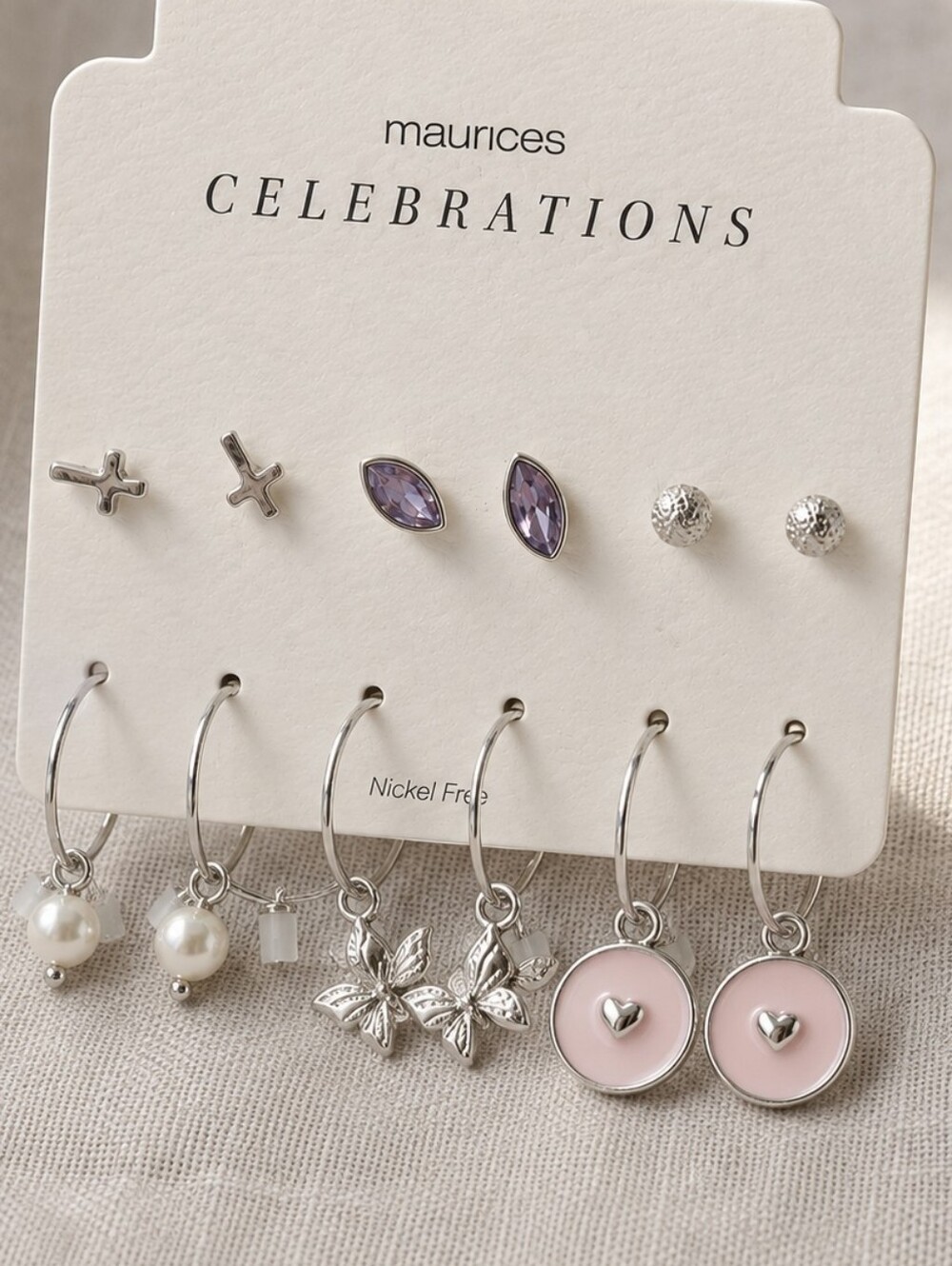 Maurices Celebrations 6-Pair Stud Hoop Earring Set Silver Pink NWT